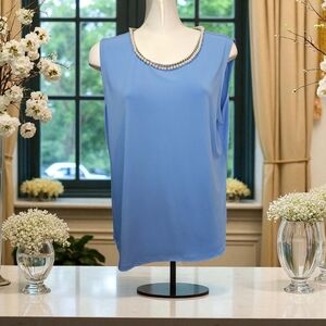 Elegant Blue Blouse With Faux Pearl and Chain Trim, Sleeveless